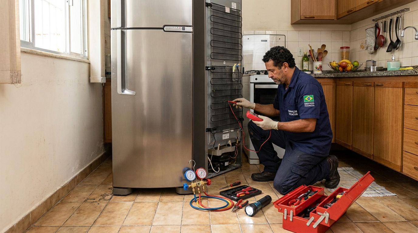 Técnico realizando manutenção de motor de geladeira na Vila Maria, Bauru‑SP