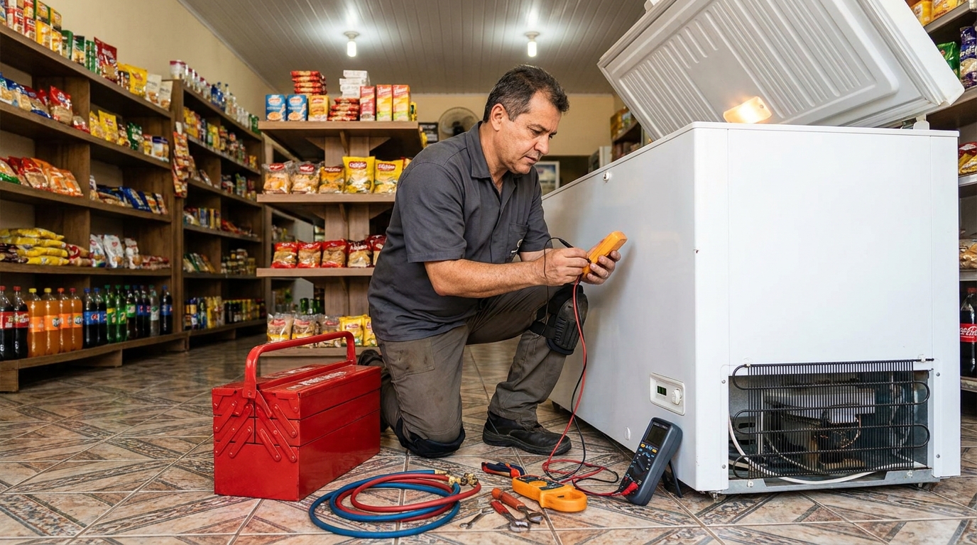 Recarga de gás refrigerante em freezer em atendimento no Parque Sergipe, Bauru‑SP