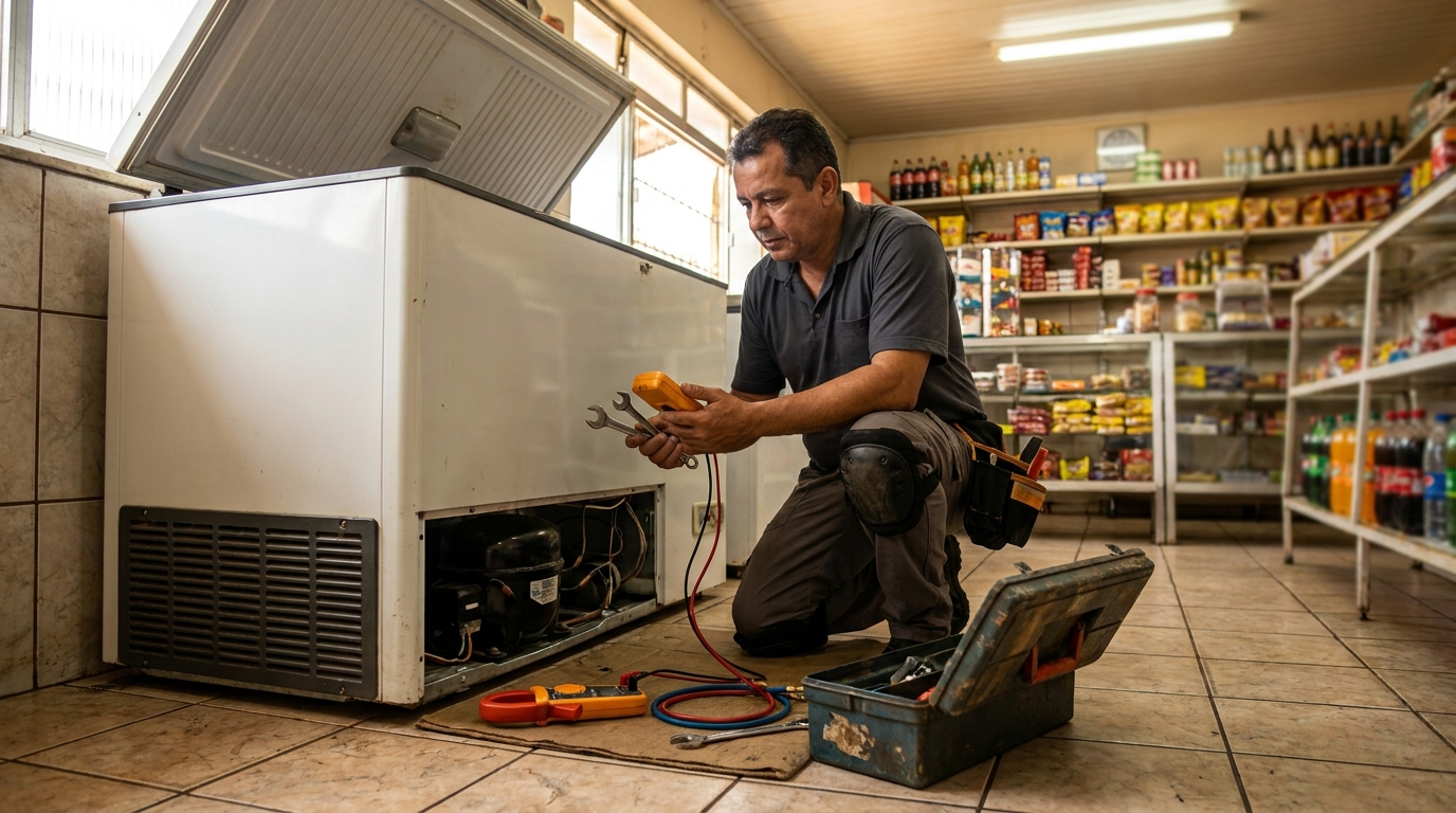 Técnico de conserto de freezer em residência no Parque Sergipe, Bauru‑SP