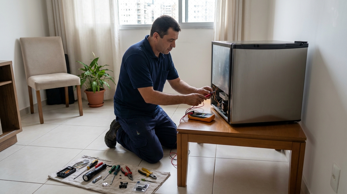 Técnico de conserto de frigobar em residência na Vila Dalva, Bauru‑SP