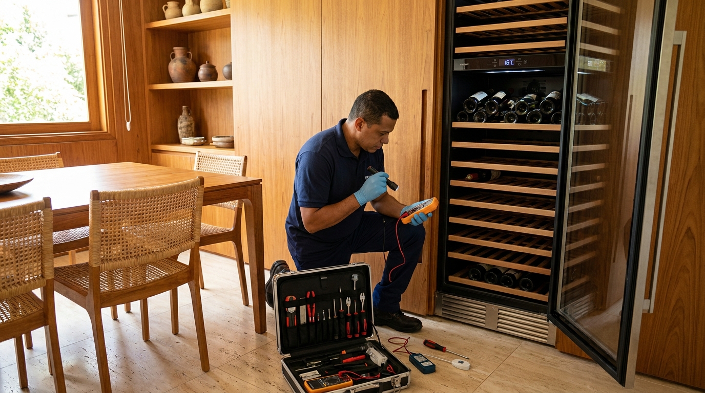 Troca de termostato de adega climatizada em atendimento técnico em Alphaville, Bauru‑SP