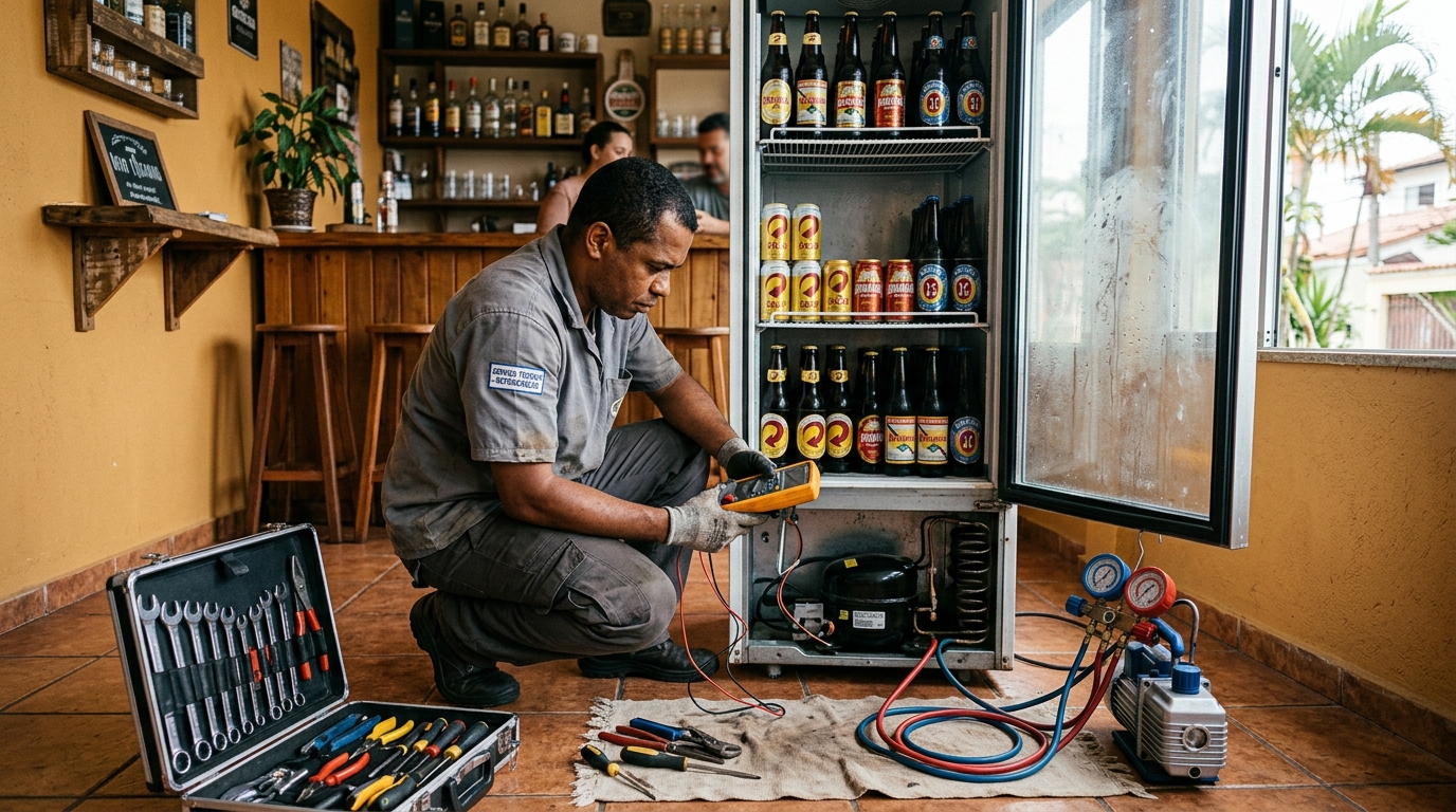 Troca de termostato de cervejeira em atendimento técnico em Alphaville, Bauru‑SP