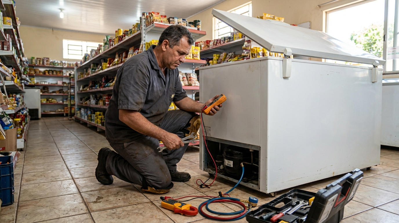 Troca de termostato de freezer em atendimento técnico no Parque Sergipe, Bauru‑SP